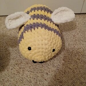 Handmade Plush Bee Crochet Stuffed Animal Pillow- Yellow & Gray
